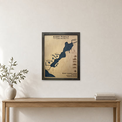 East Long Avery wood map — single layer with engraved contours, staged room mockup
