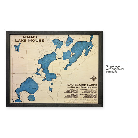 Eau Claire Adams wood map — single layer with engraved contours, layer option shown