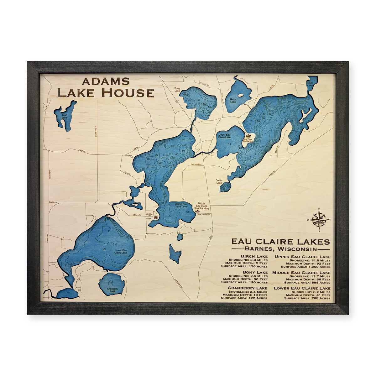 Eau Claire Adams wood map — single layer with engraved contours, white background