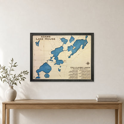 Eau Claire Adams wood map — single layer with engraved contours, staged room mockup