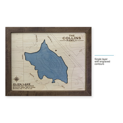 Eliza Collins wood map — single layer with engraved contours, layer option shown