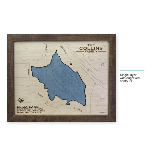 Eliza Collins wood map — single layer with engraved contours, layer option shown