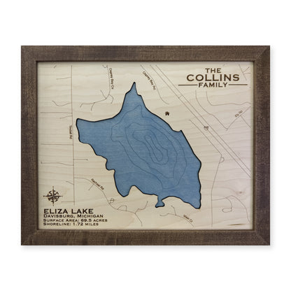 Eliza Collins wood map — single layer with engraved contours, white background