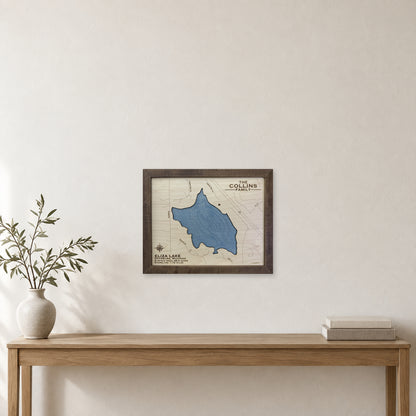 Eliza Collins wood map — single layer with engraved contours, staged room mockup