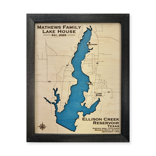 Ellison Creek Reservoir wood map — single layer, white background