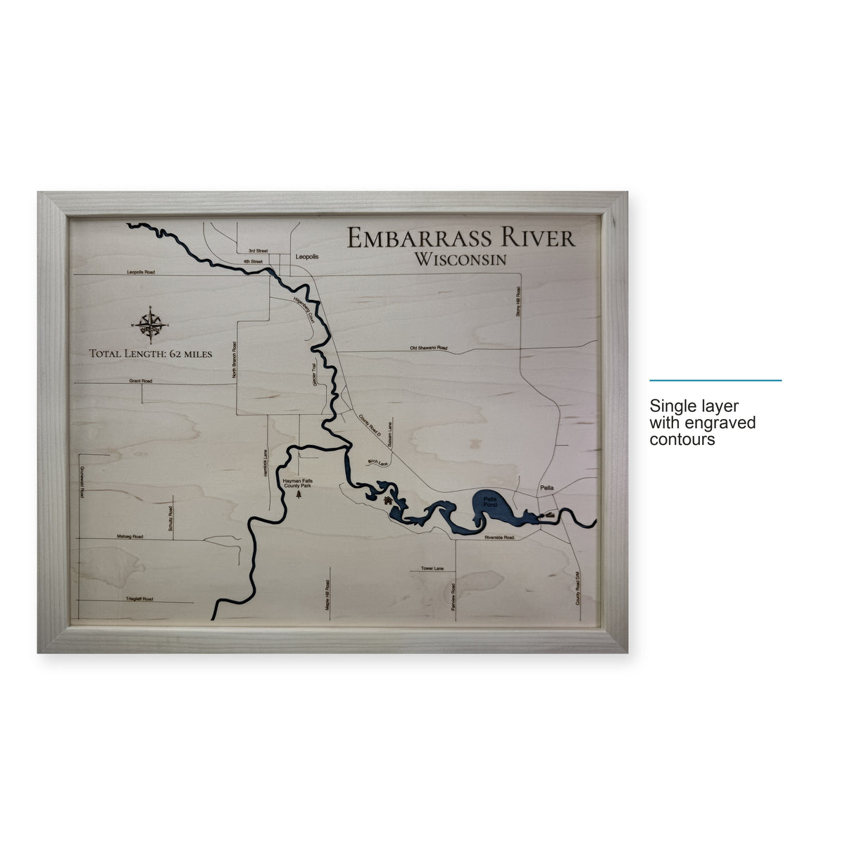 Embarrass River wood map — single layer with engraved contours, layer option shown