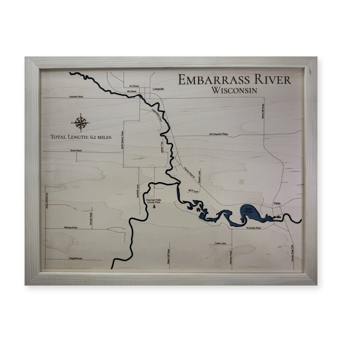 Embarrass River wood map — single layer with engraved contours, white background