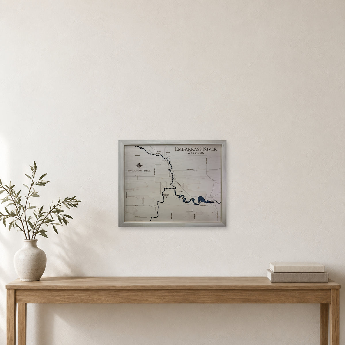 Embarrass River wood map — single layer with engraved contours, staged room mockup