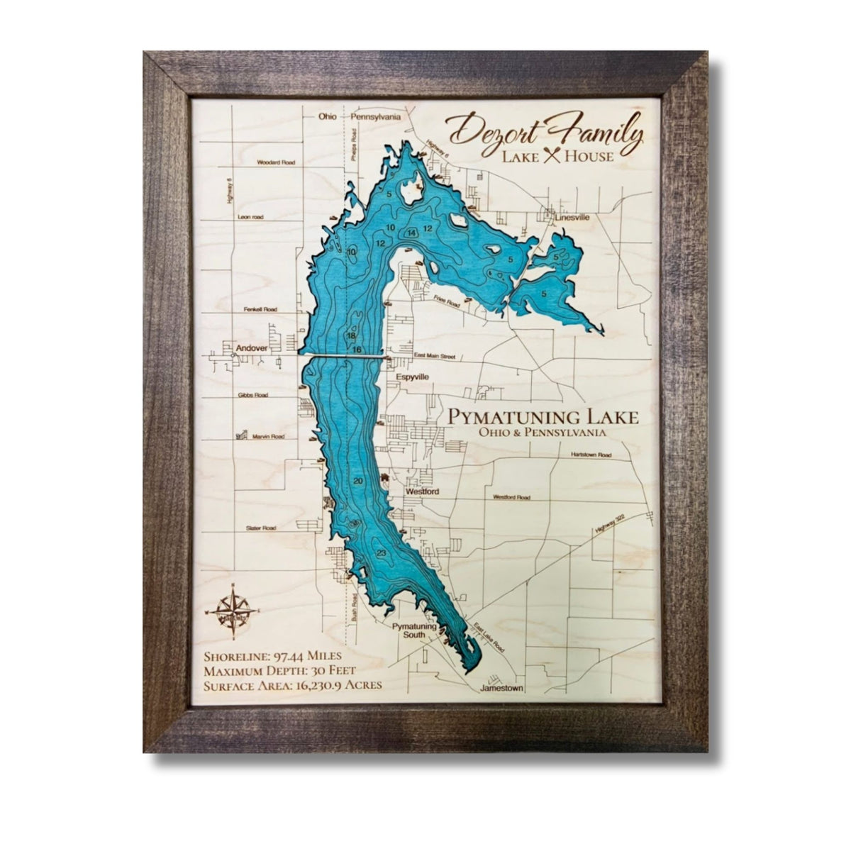 Engraved water layer map of Pymatuning lake. 