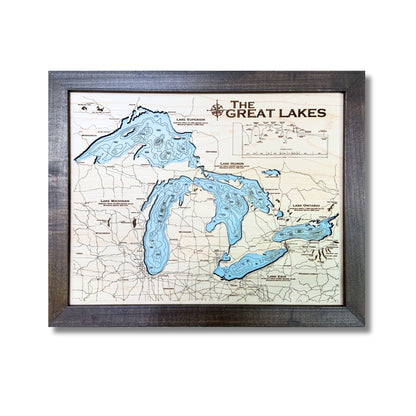 Engraved water layer map of the Great Lakes with light blue water stain. 