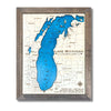 Engraved water layer wood map of Lake Michigan with a wooden frame on a white background.
