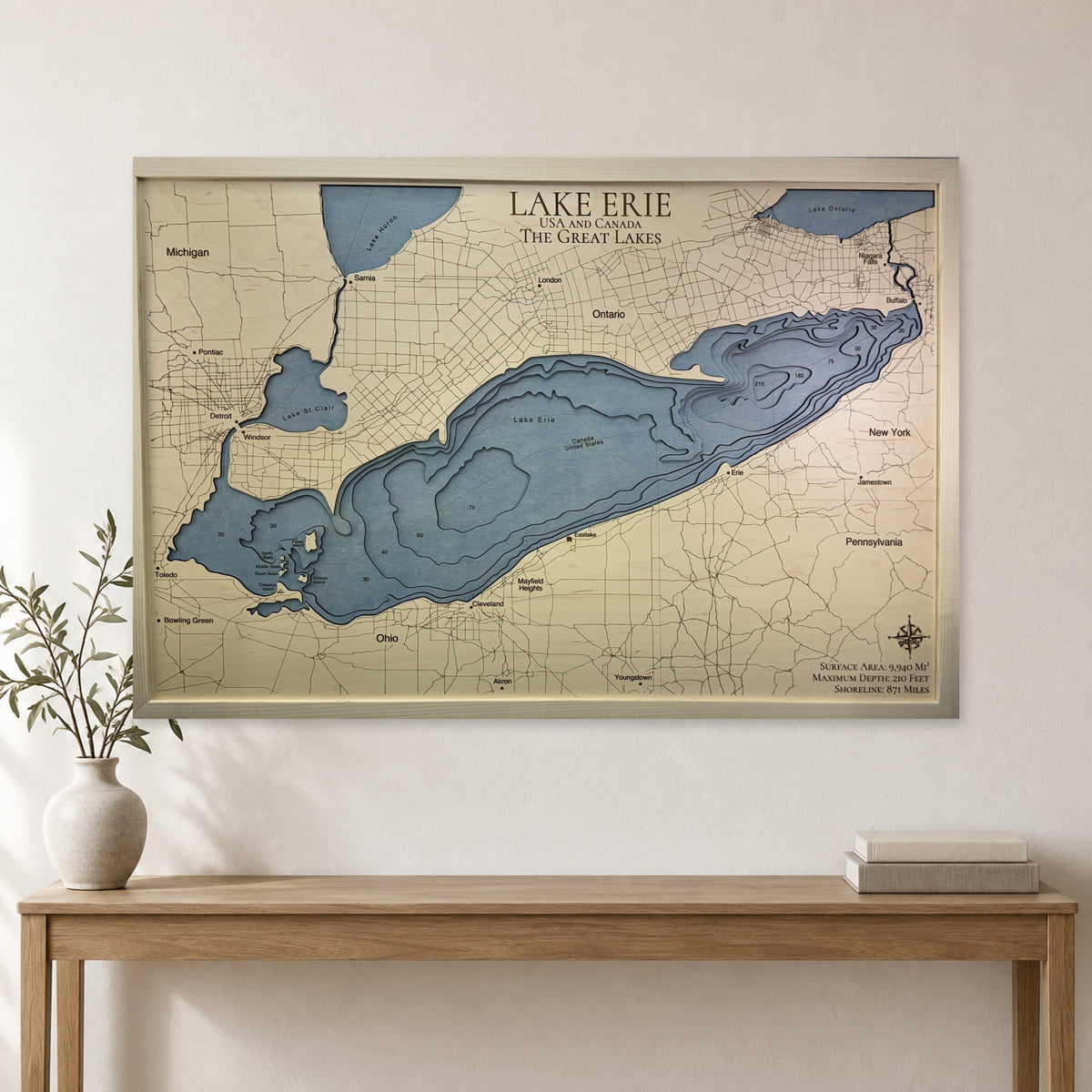 Lake Erie Wood Map — multilayer example, staged room mockup