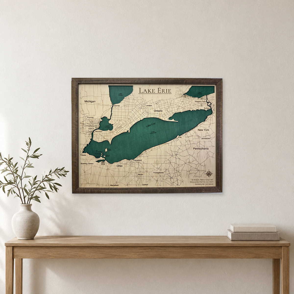 Erie Fresch Green wood map — single layer, staged room mockup