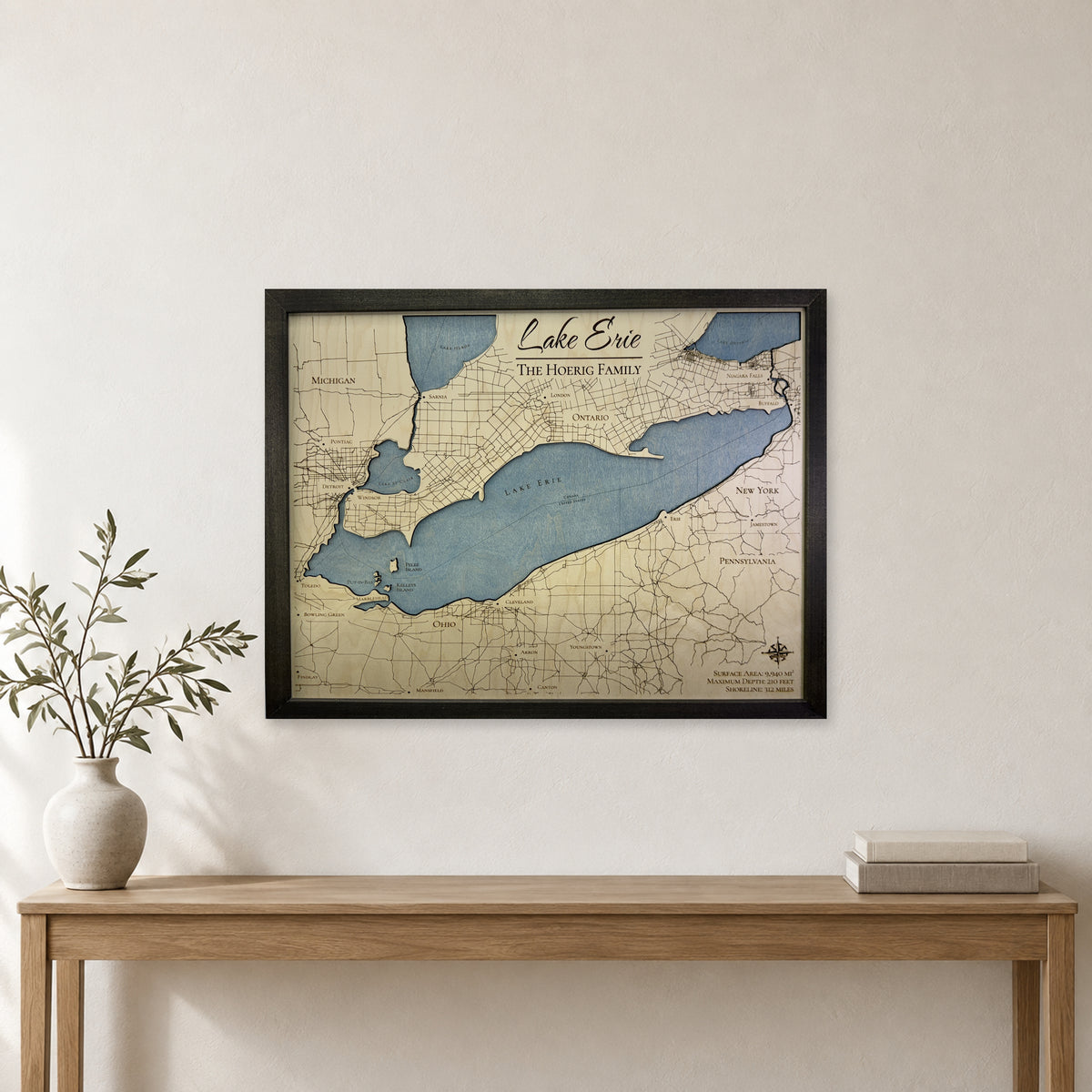 Erie Hoerig wood map — single layer, staged room mockup