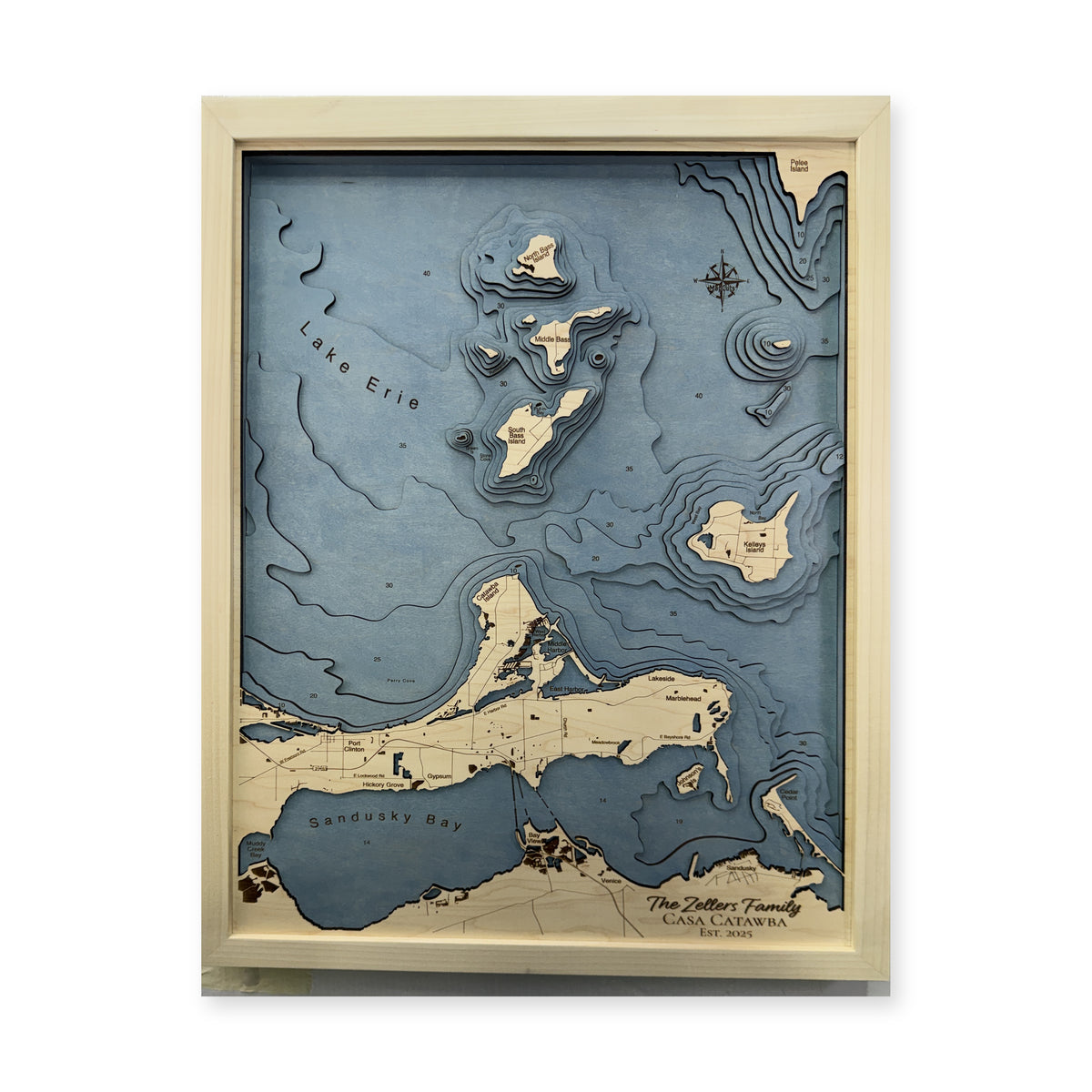 Erie Islands Zellers wood map — multilayer, white background