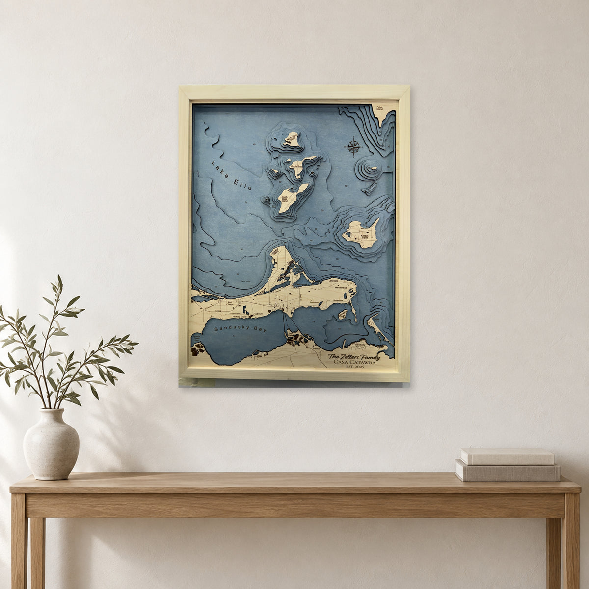 Erie Islands Zellers wood map — multilayer, staged room mockup
