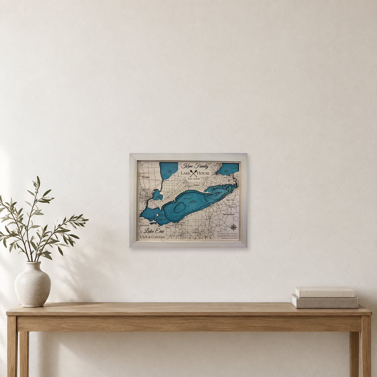 Erie Kane wood map — multilayer, staged room mockup