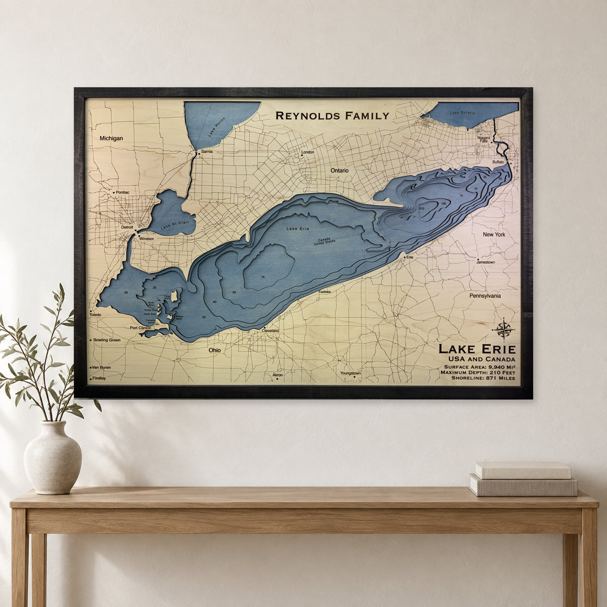 Erie Reynolds wood map — multilayer, staged room mockup