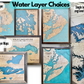 Examples of wooden maps with single layer water, single layer with engraved depth contours, and cut multilayer maps. 