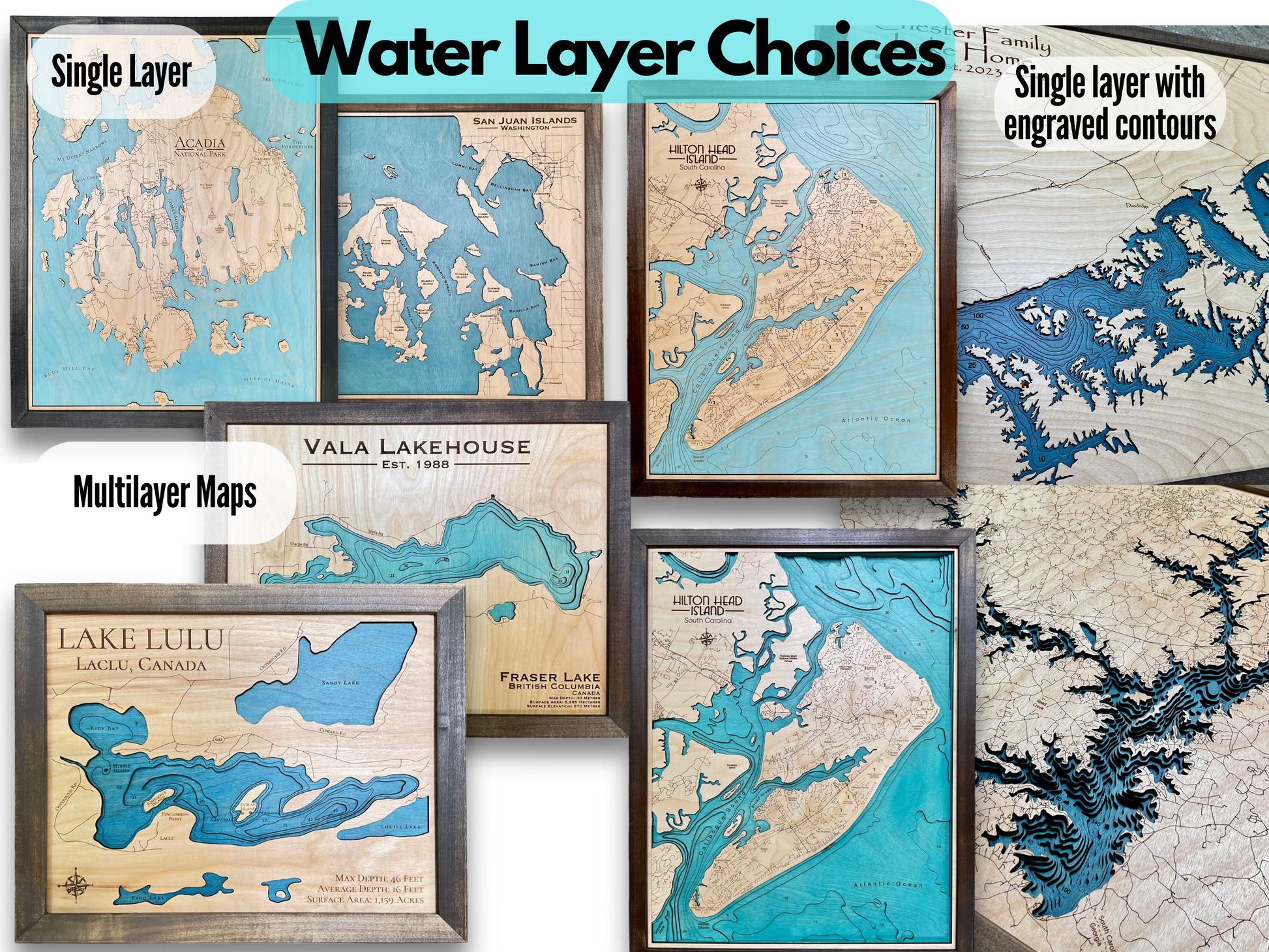 Examples of wooden maps with single layer water, single layer with engraved depth contours, and cut multilayer maps. 