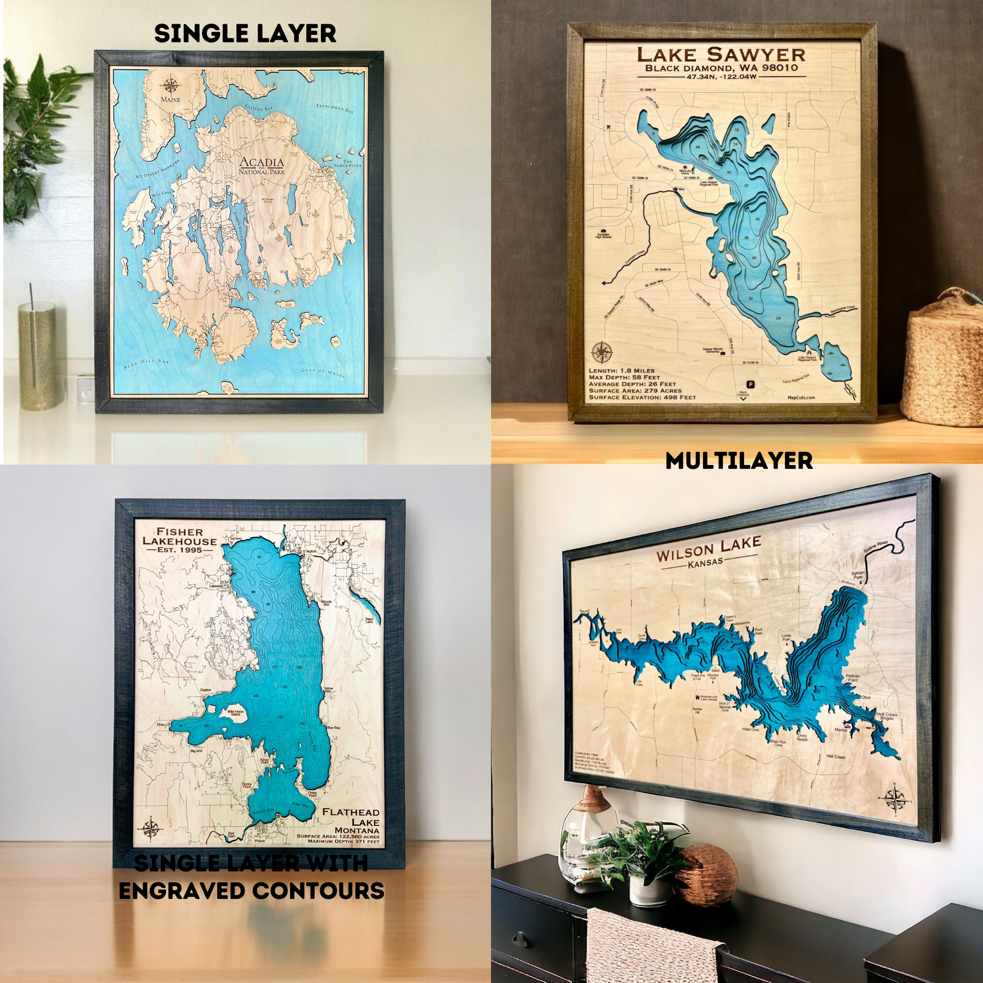 Examples of the different water layers on a wooden map: single layer, engraved layers, and multi cut layers. 