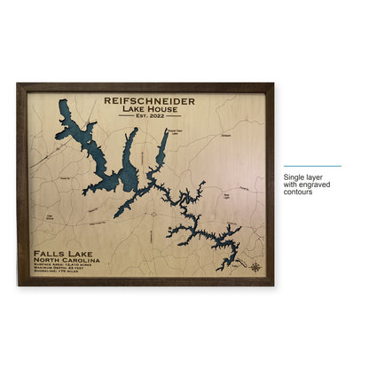 Falls Reifschneider wood map — single layer with engraved contours, layer option shown