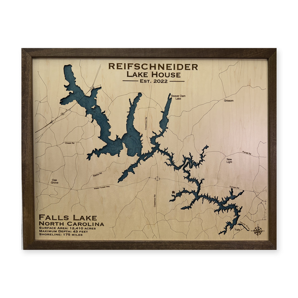 Falls Reifschneider wood map — single layer with engraved contours, white background