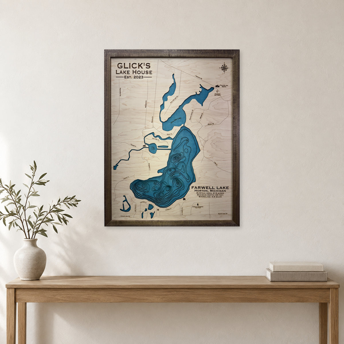 Farwell Glick wood map — multilayer, staged room mockup