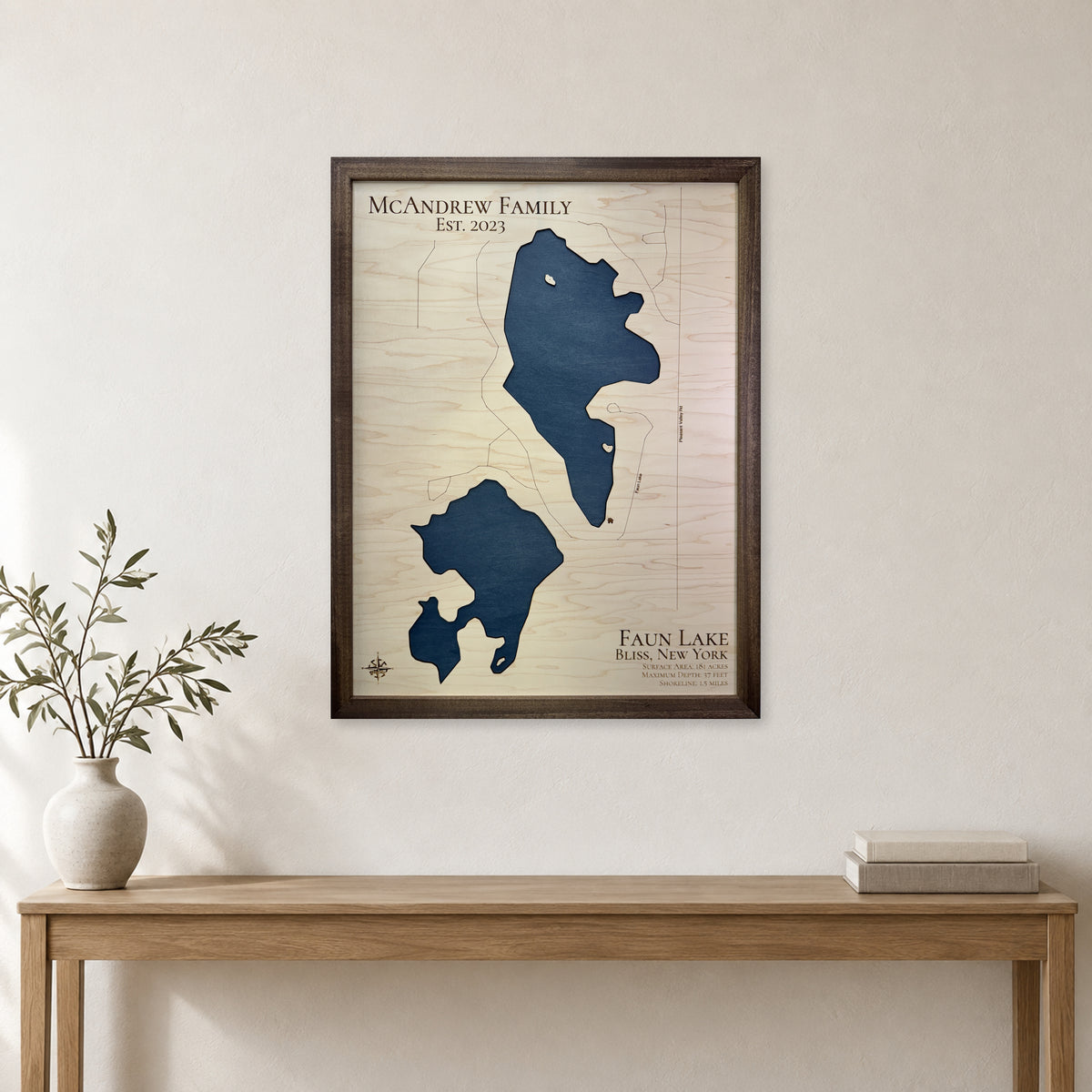 Faun Lake Mcandrew wood map — single layer, staged room mockup