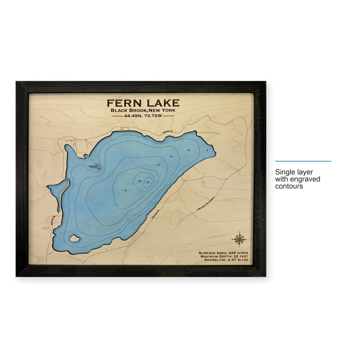 Fern Lake Engraved wood map — single layer with engraved contours, layer option shown