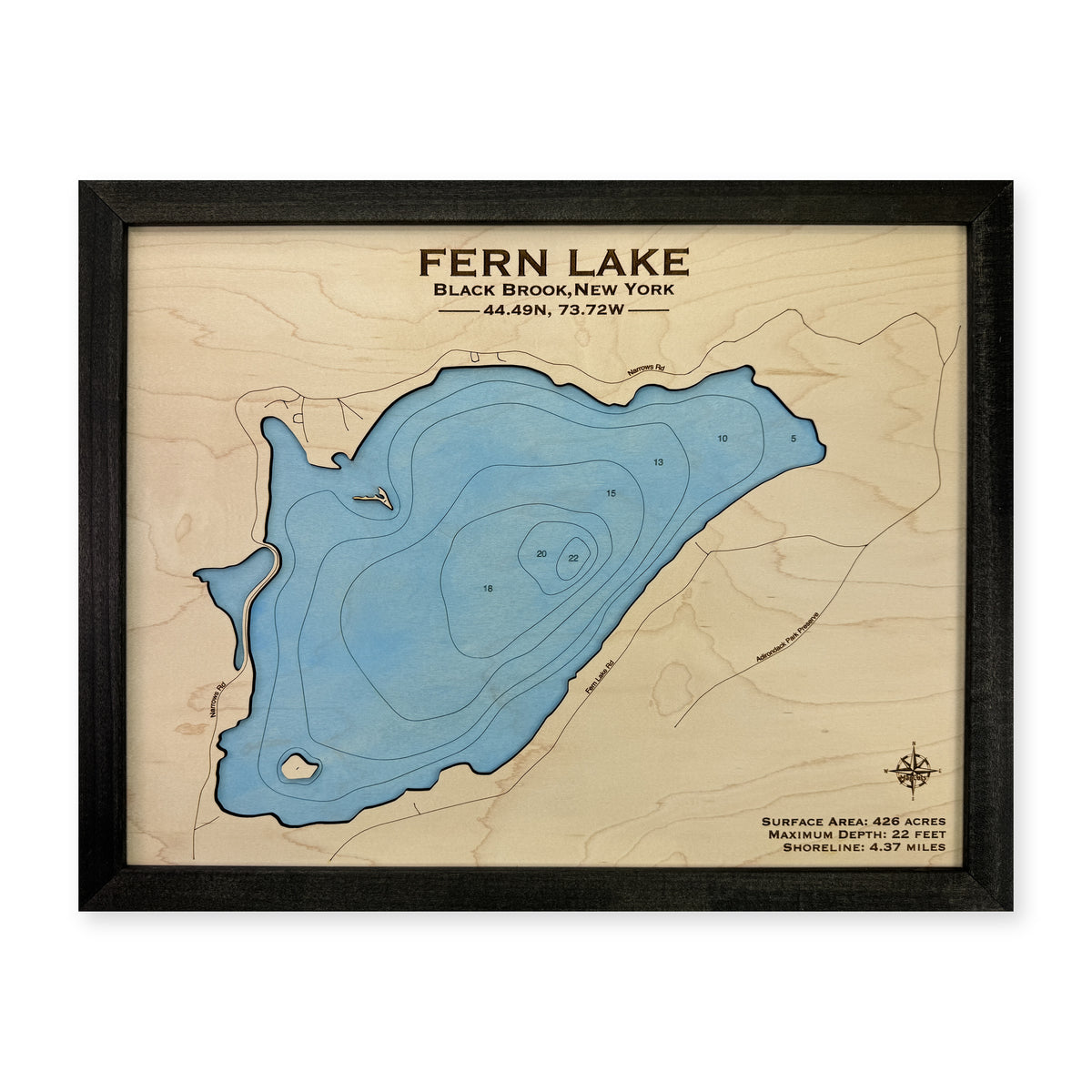 Fern Lake Engraved wood map — single layer with engraved contours, white background
