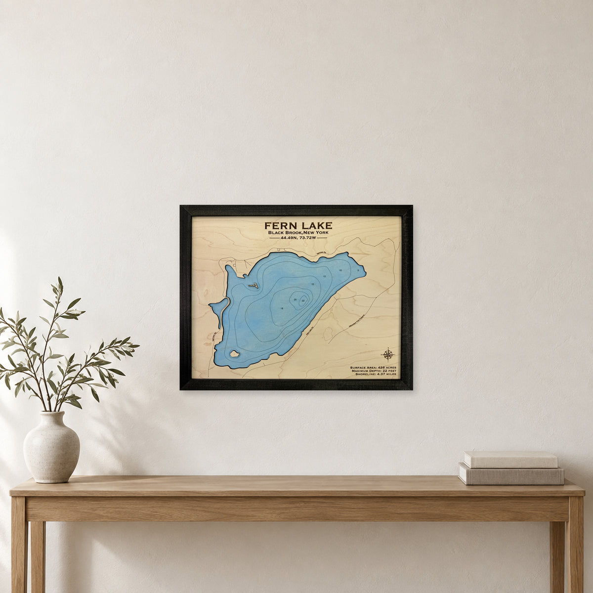 Fern Lake Engraved wood map — single layer with engraved contours, staged room mockup