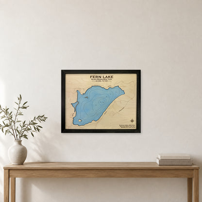 Fern Lake Engraved wood map — single layer with engraved contours, staged room mockup