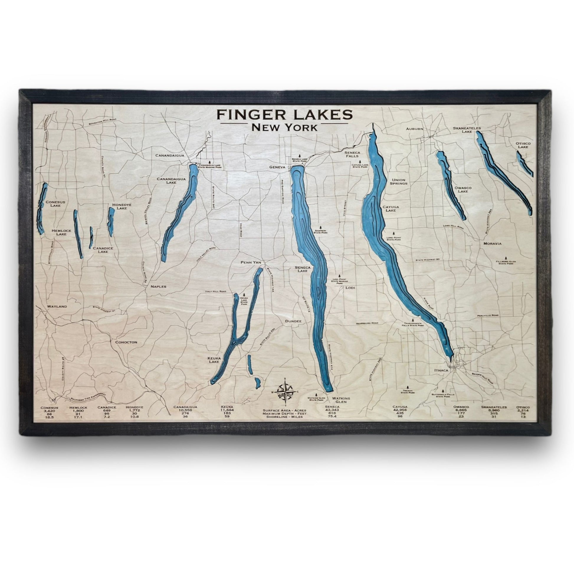 Multi water layer map of the Finger Lakes with blue water stain and a dark frame. 