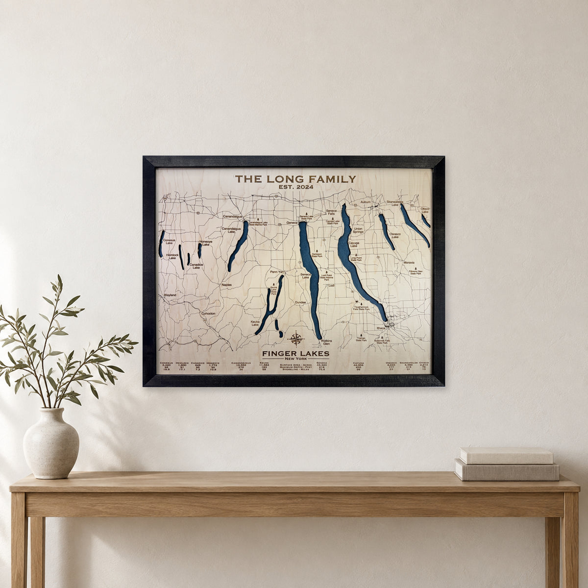 Finger Lakes Long wood map — single layer, staged room mockup