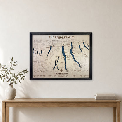 Finger Lakes Long wood map — single layer, staged room mockup