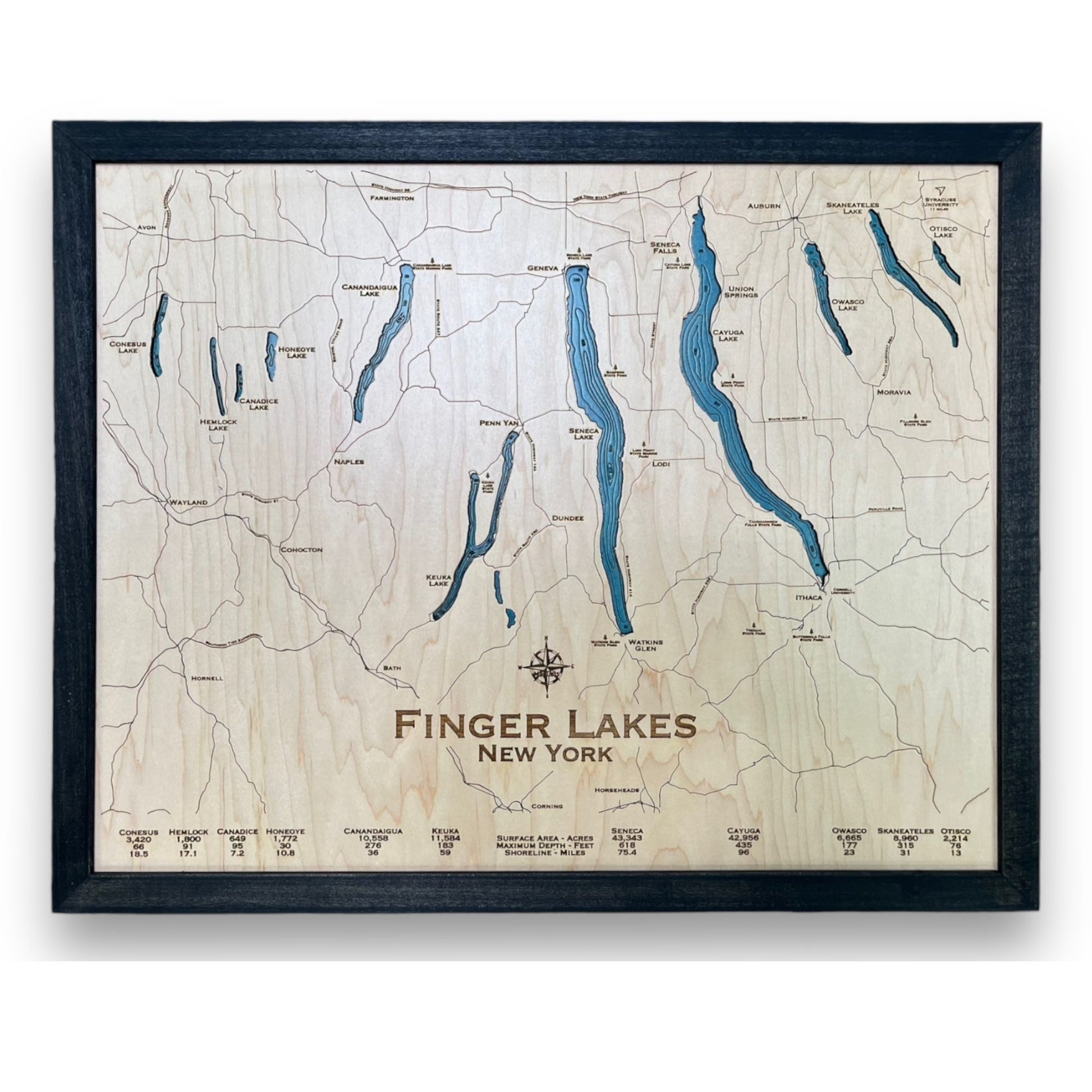 Engraved water layer map of the Finger Lakes with a black frame. 