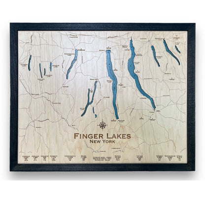 Engraved water layer map of the Finger Lakes with a black frame. 