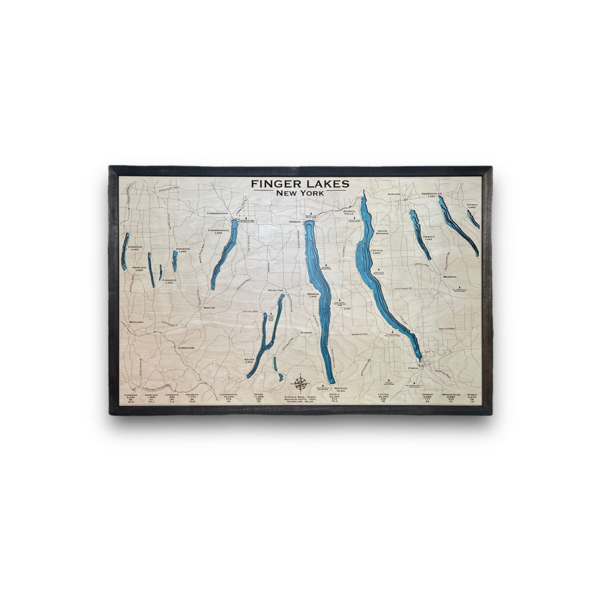 Wooden multilayer map of the Finger Lakes in New York on a white background. 