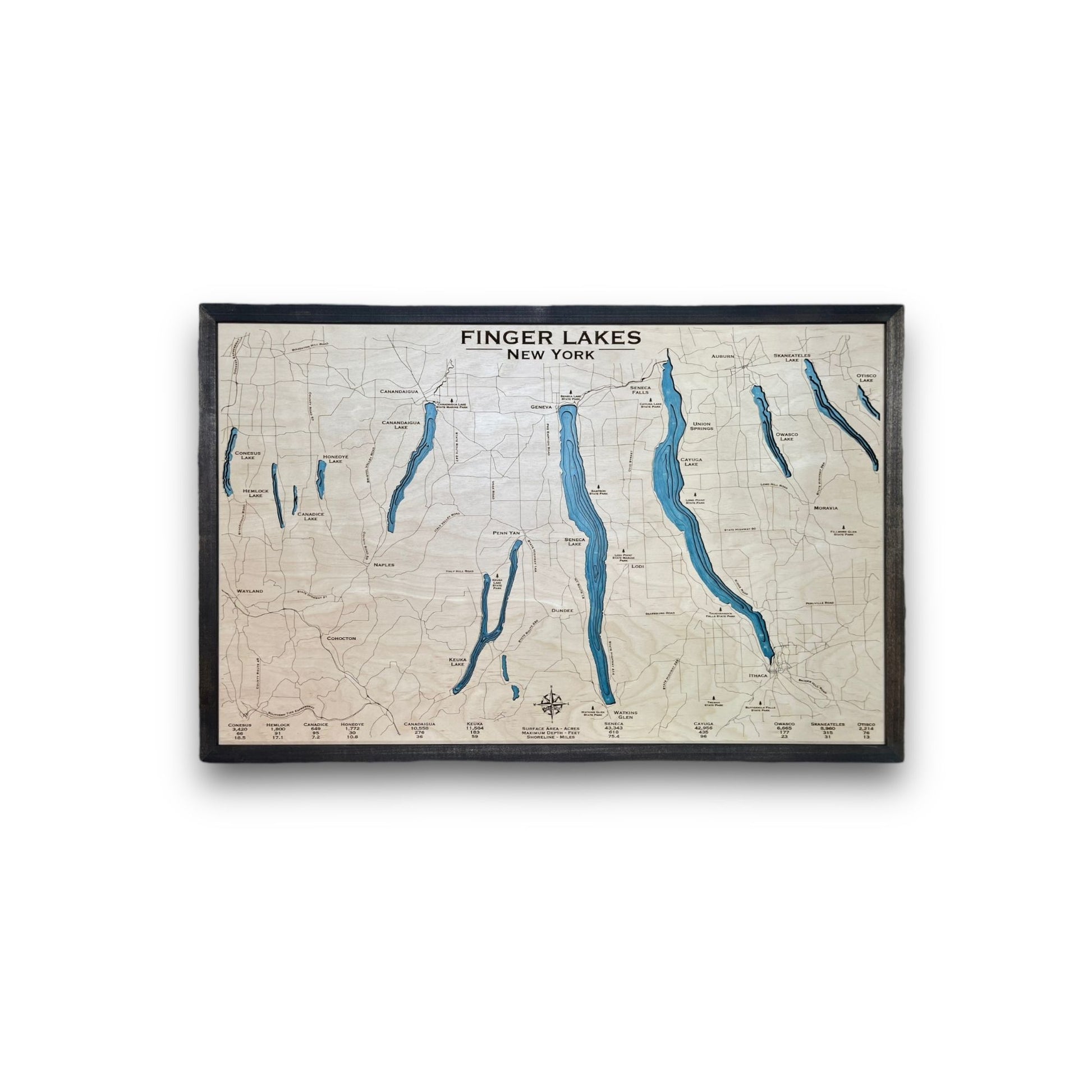 Wooden multilayer map of the Finger Lakes in New York on a white background. 