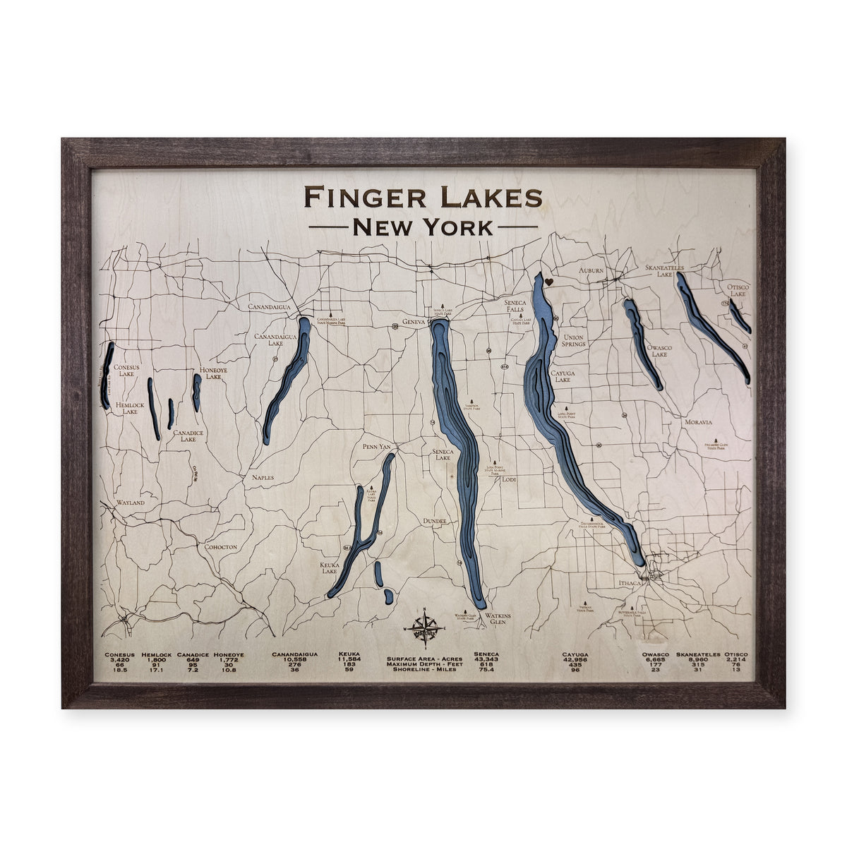 Finger Lakes, New York, Wood Map — multilayer example, on a white background