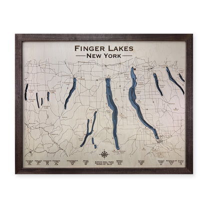 Finger Lakes, New York, Wood Map — multilayer example, on a white background