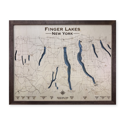 Finger Lakes, New York, Wood Map — multilayer example, on a white background