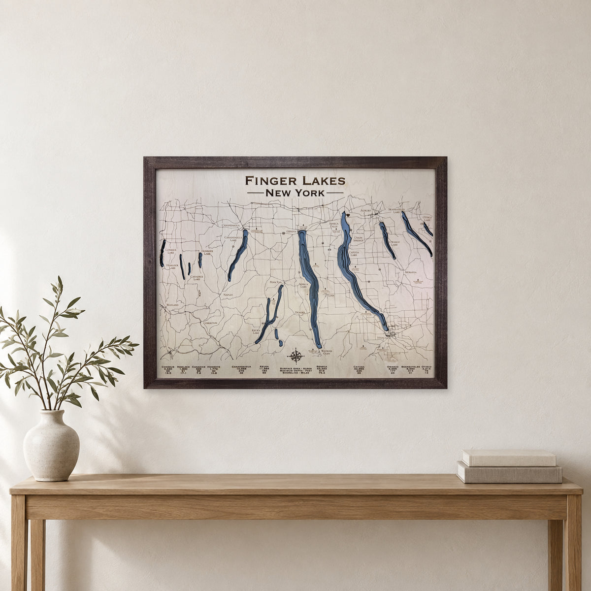 Finger Lakes, New York, Wood Map — multilayer example, staged room mockup