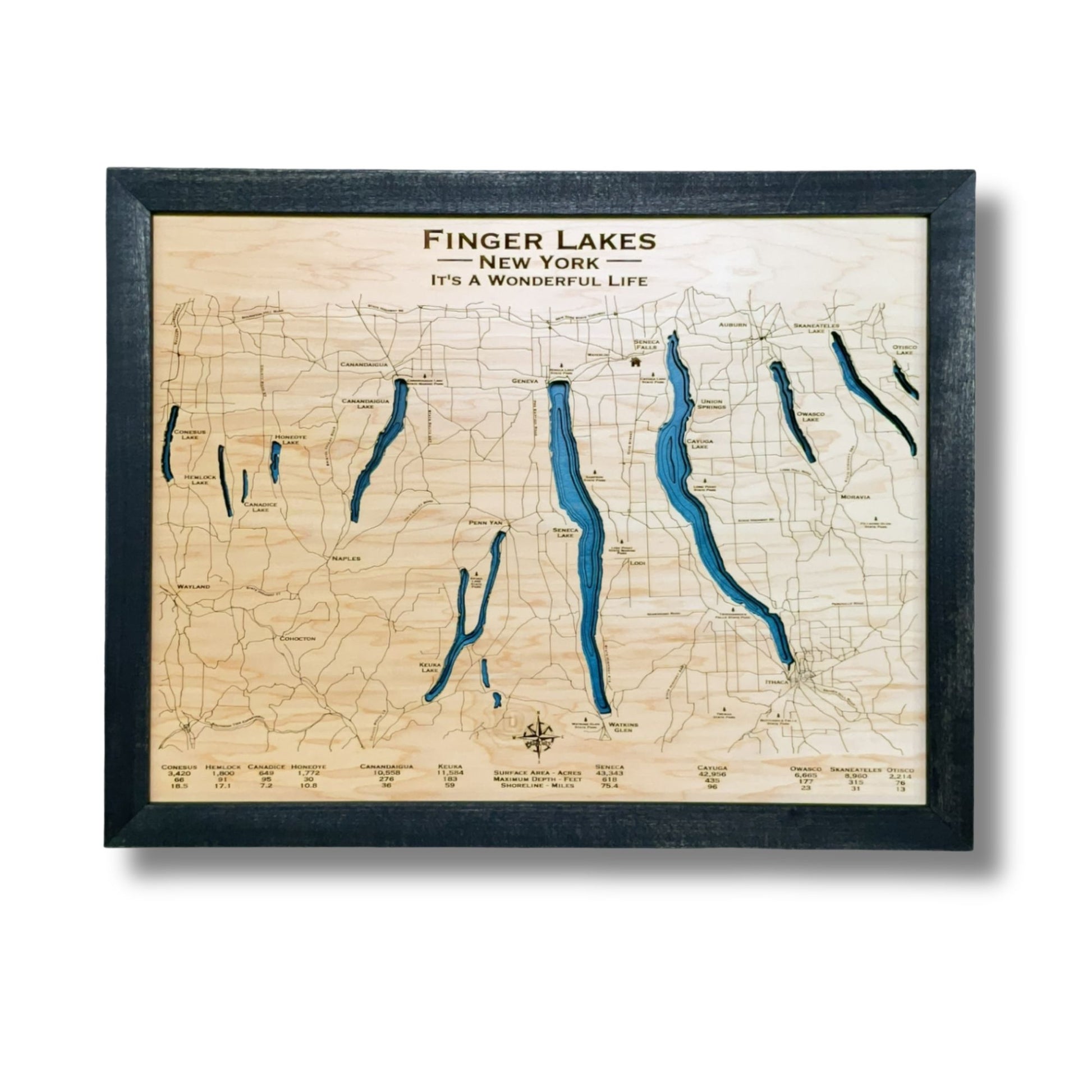 Small multilayer map of the Finger Lakes with a black frame. 