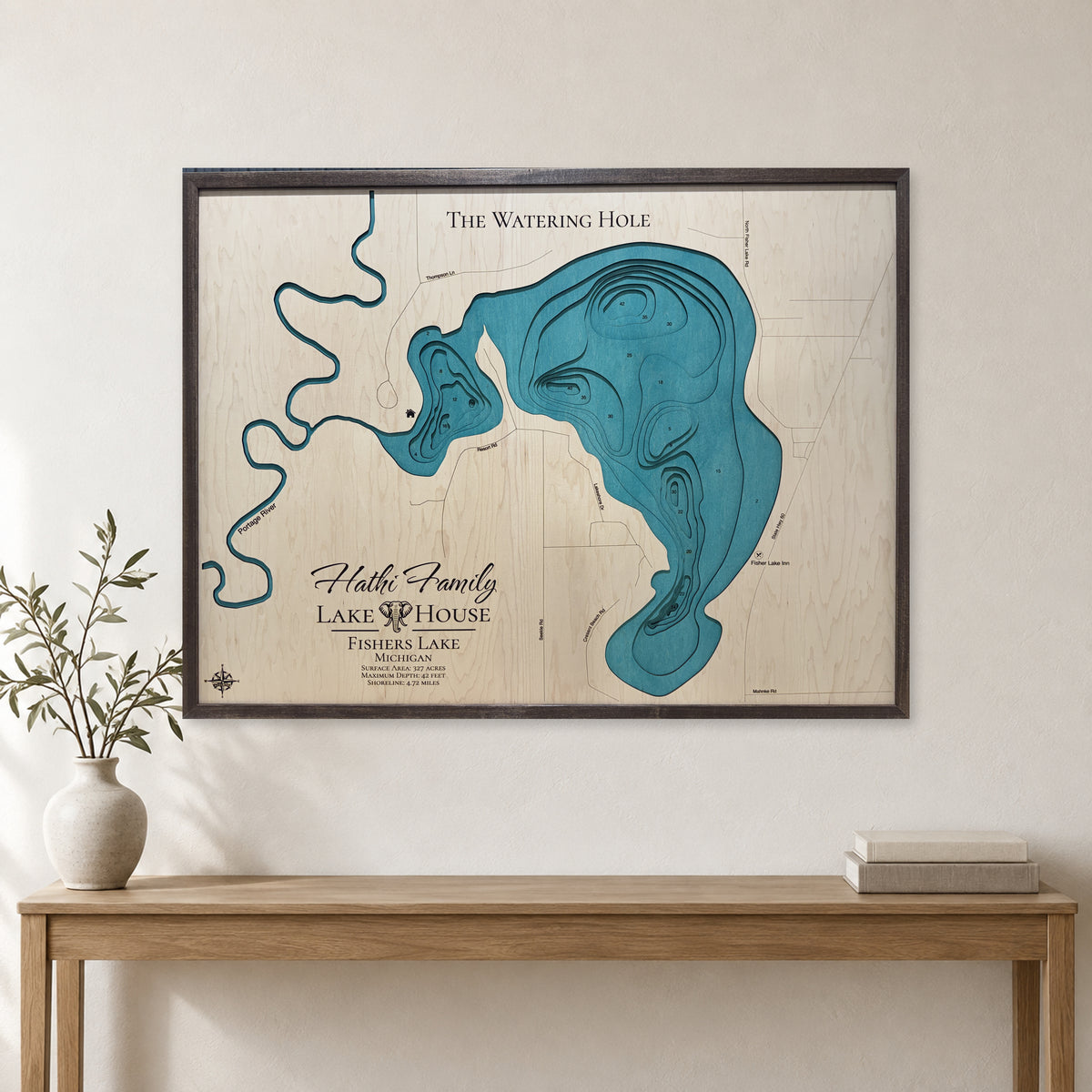 Fishers Hathi wood map — multilayer, staged room mockup