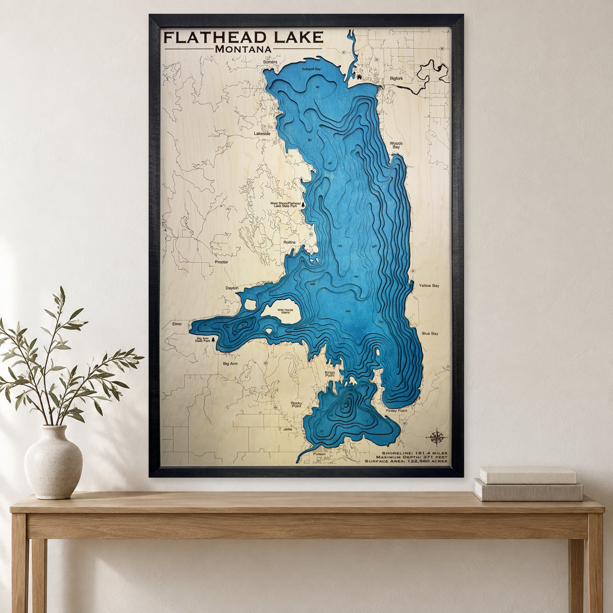 Flathead Charcoal Large wood map — multilayer, staged room mockup