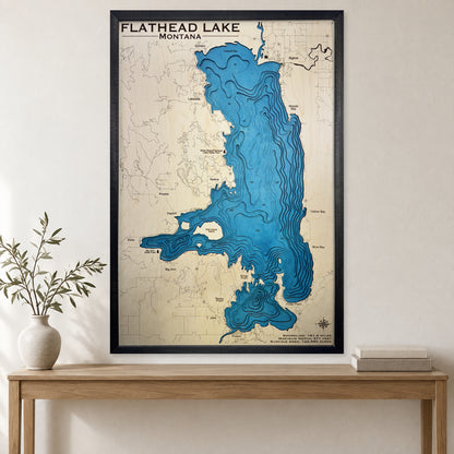 Flathead Charcoal Large wood map — multilayer, staged room mockup