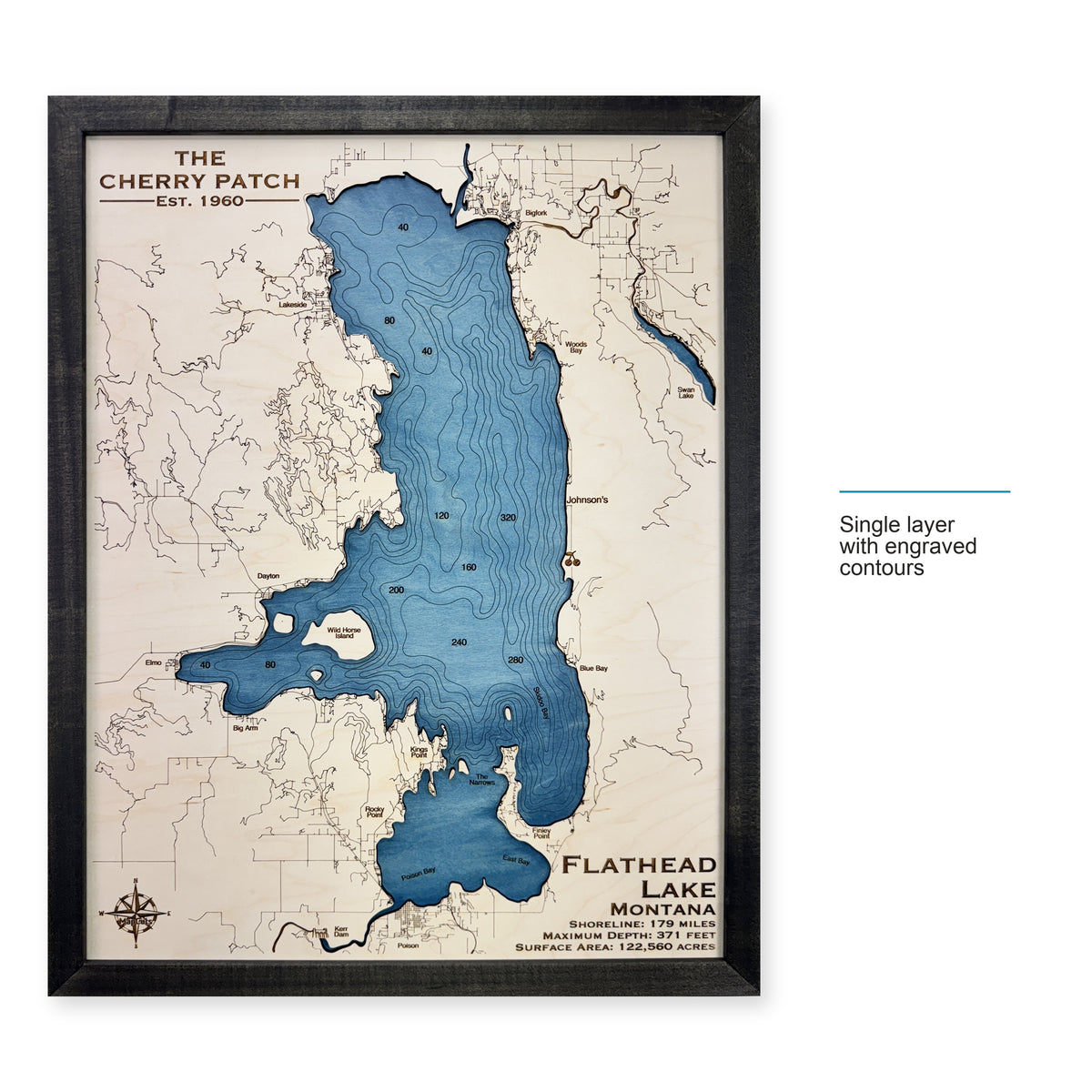 Flathead Cherry Patch wood map — single layer with engraved contours, layer option shown