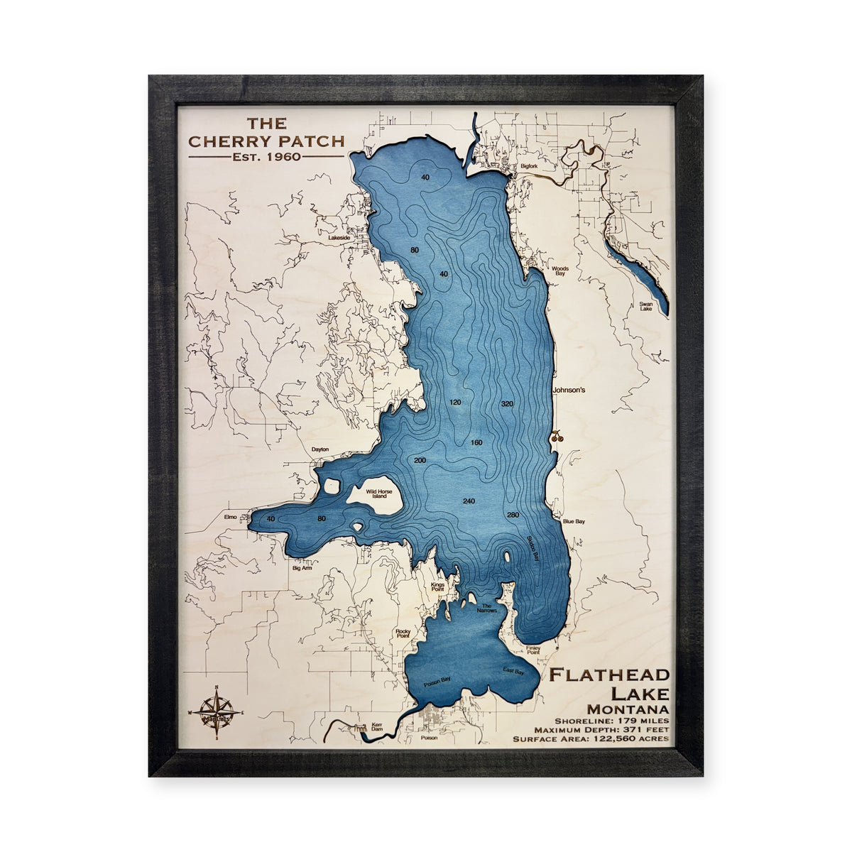 Flathead Cherry Patch wood map — single layer with engraved contours, white background